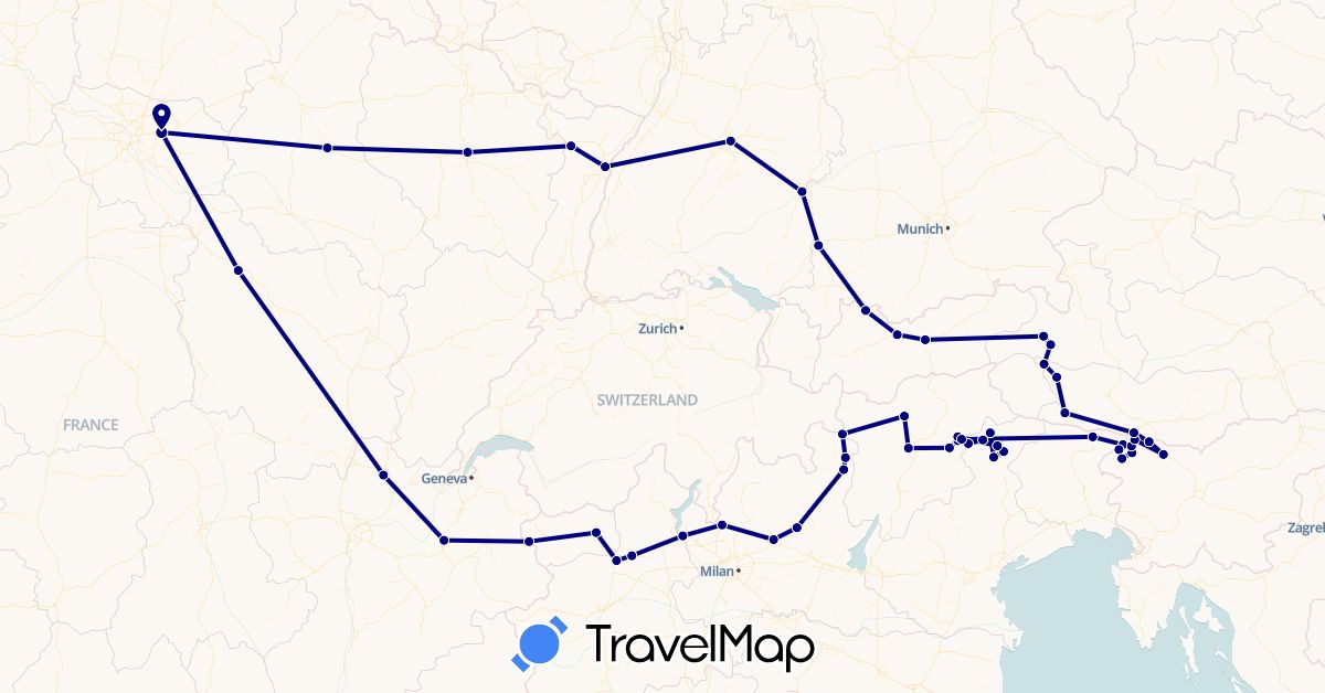 TravelMap itinerary: driving in Austria, Germany, France, Italy, Slovenia (Europe)